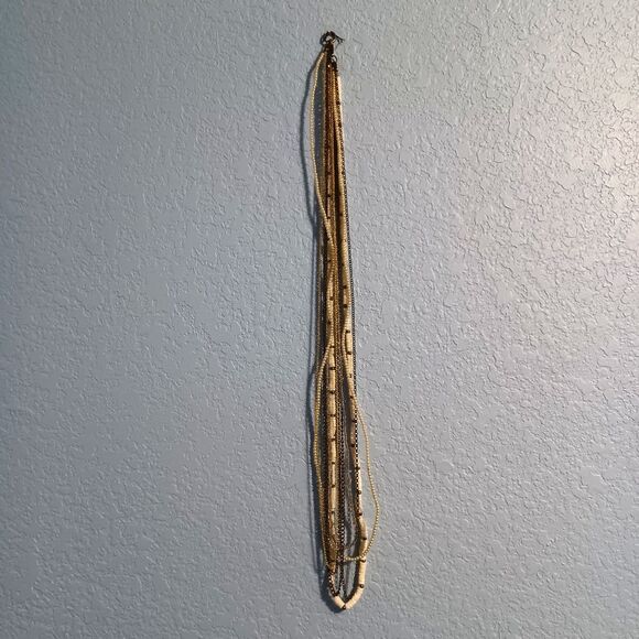 CHICO'S  Antiqued Bronze, Faux-Pearl & Shell Beaded Multi-Strand Necklace, 38" - Picture 2 of 4